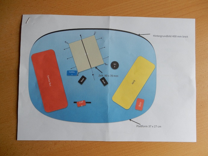 Planungsphase 1. Schritt - Entwurf der Grundfläche in Power Point mit Platzierung der verfügbaren Komponenten.